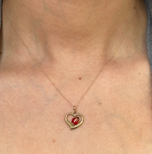 14KT Yellow Gold Ladybug + Heart Pendant Charm