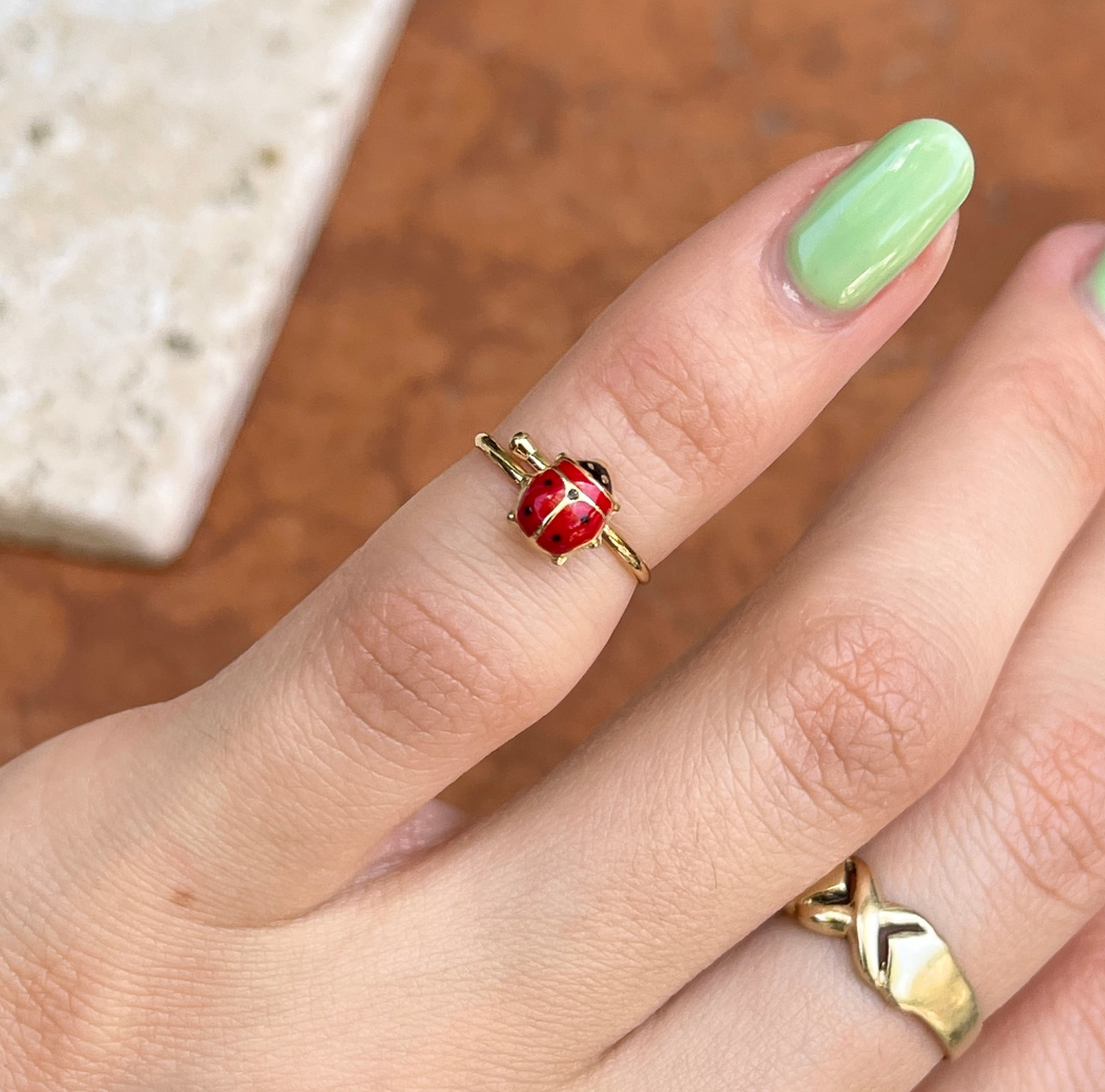 14KT Yellow Gold Red Ladybug Adjustable Youth Ring