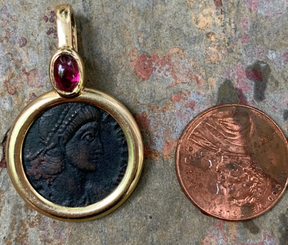 Estate 14KT Yellow Gold Antique Roman Coin + Ruby Pendant Enhancer