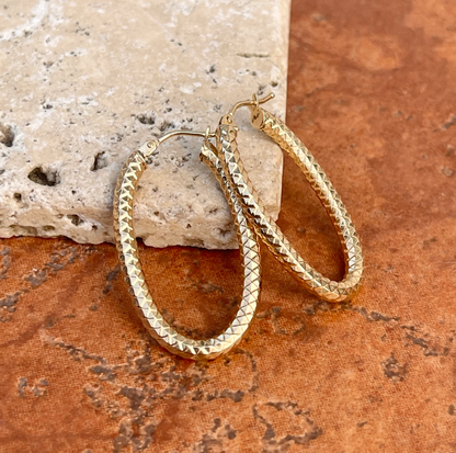 14KT Yellow Gold Oval Etched Diamond-Cut Tube Design Hoop Earrings 32mm