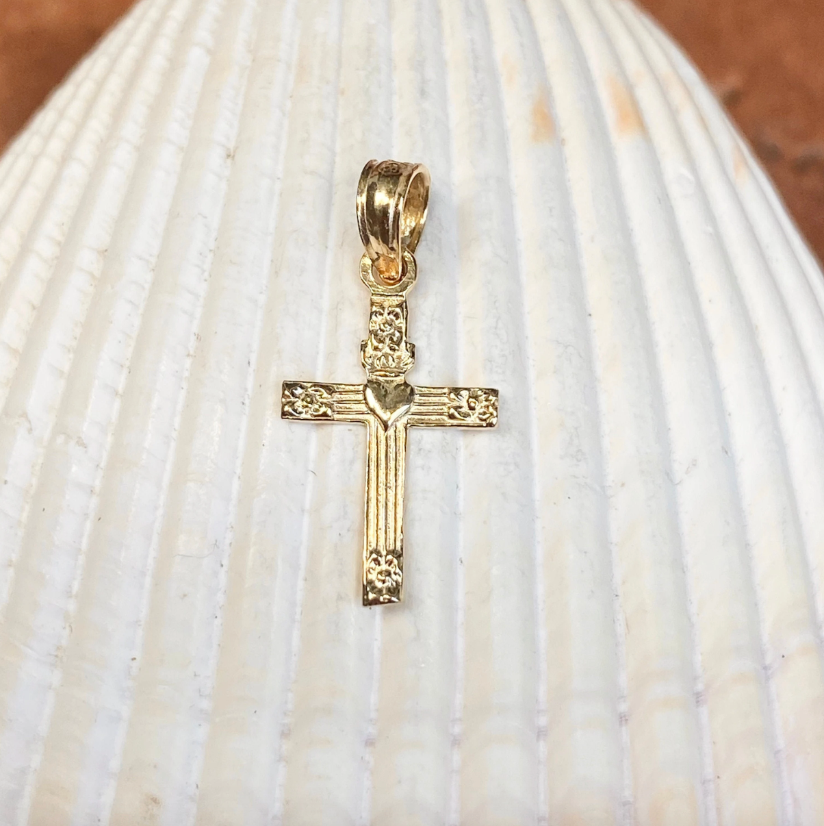 14KT Yellow Gold Cross with Heart Detailed Mini Size Pendant Charm