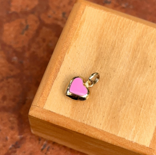 14KT Yellow Gold Pink Enamel 3D Hollow Heart Pendant Charm 11mm