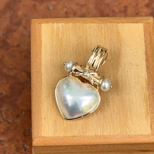 Estate 14KT Yellow Gold Heart Mabe Pearl + Diamond Omega Pearl Enhancer Pendant