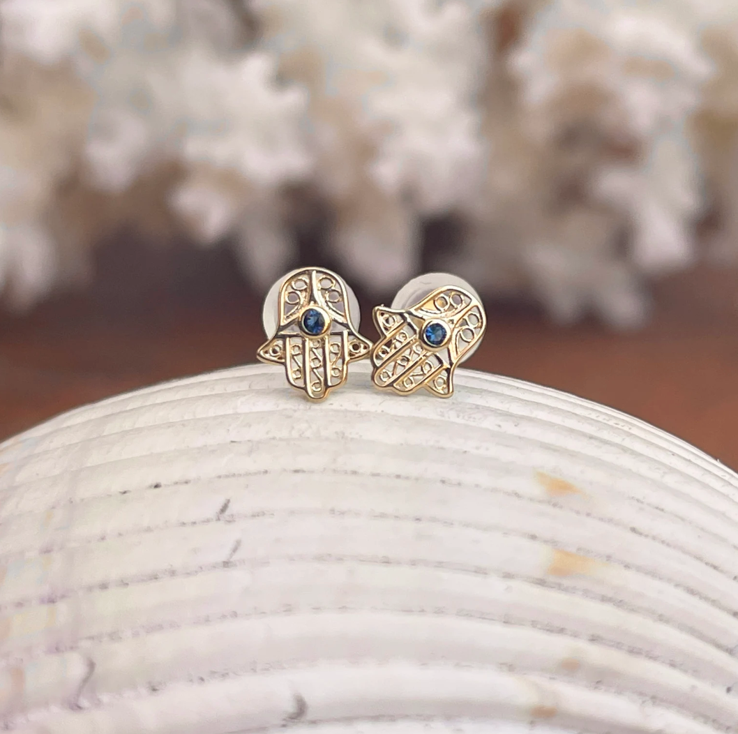 14KT Yellow Gold Filigree Blue Glass Hamsa Mini Stud Post Earrings