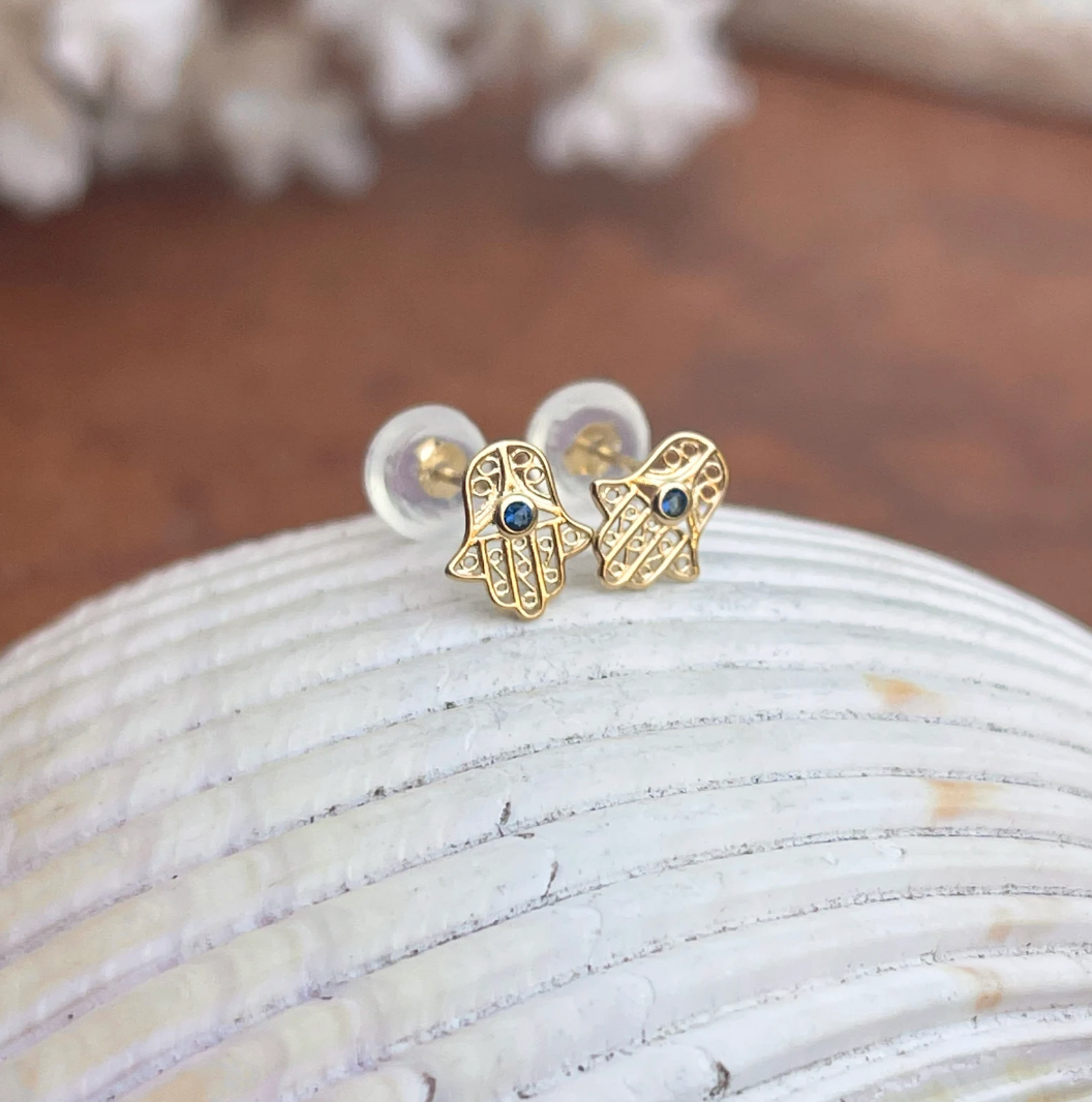 14KT Yellow Gold Filigree Blue Glass Hamsa Mini Stud Post Earrings