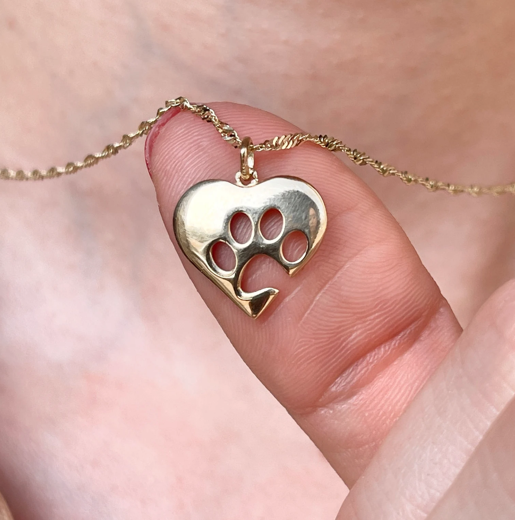 14KT Yellow Gold Paw Print Heart Pendant