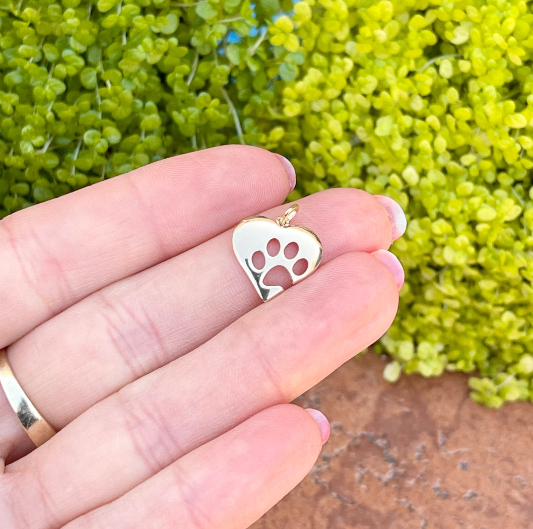 14KT Yellow Gold Paw Print Heart Pendant