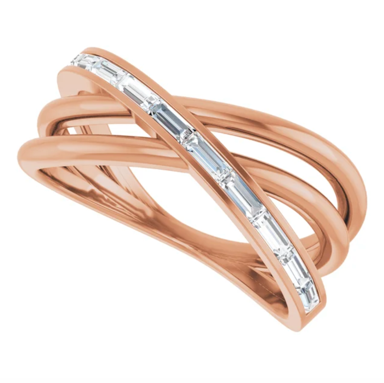 14KT Rose Gold 1/3 Carat Baguette Diamond Intertwined Ring