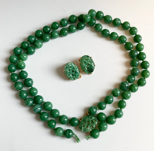 Carved Faux Serpentine Jade Marvella Necklace + Earrings Set