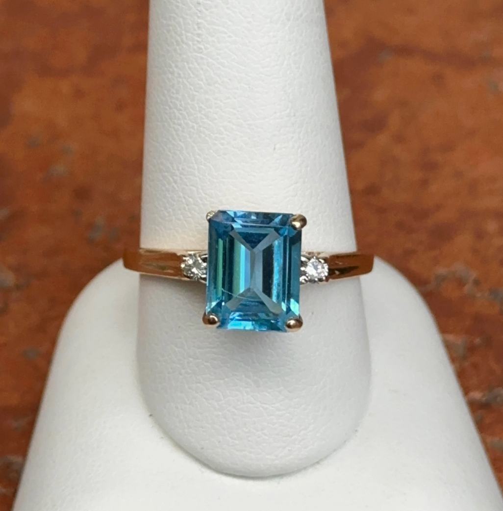 Estate 14KT Yellow Gold Emerald-Cut Blue Topaz + Diamond Accent Ring