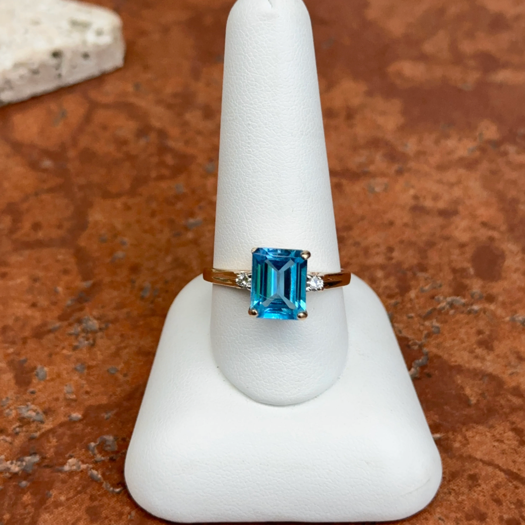 Estate 14KT Yellow Gold Emerald-Cut Blue Topaz + Diamond Accent Ring