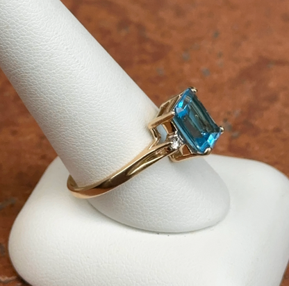 Estate 14KT Yellow Gold Emerald-Cut Blue Topaz + Diamond Accent Ring