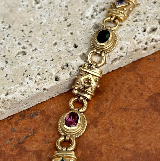 Estate 14KT Yellow Gold Byzantine Multi-Gemstone Link Bracelet