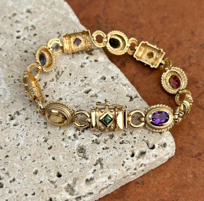 Estate 14KT Yellow Gold Byzantine Multi-Gemstone Link Bracelet