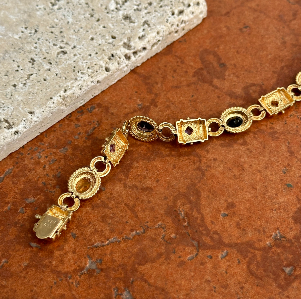 Estate 14KT Yellow Gold Byzantine Multi-Gemstone Link Bracelet