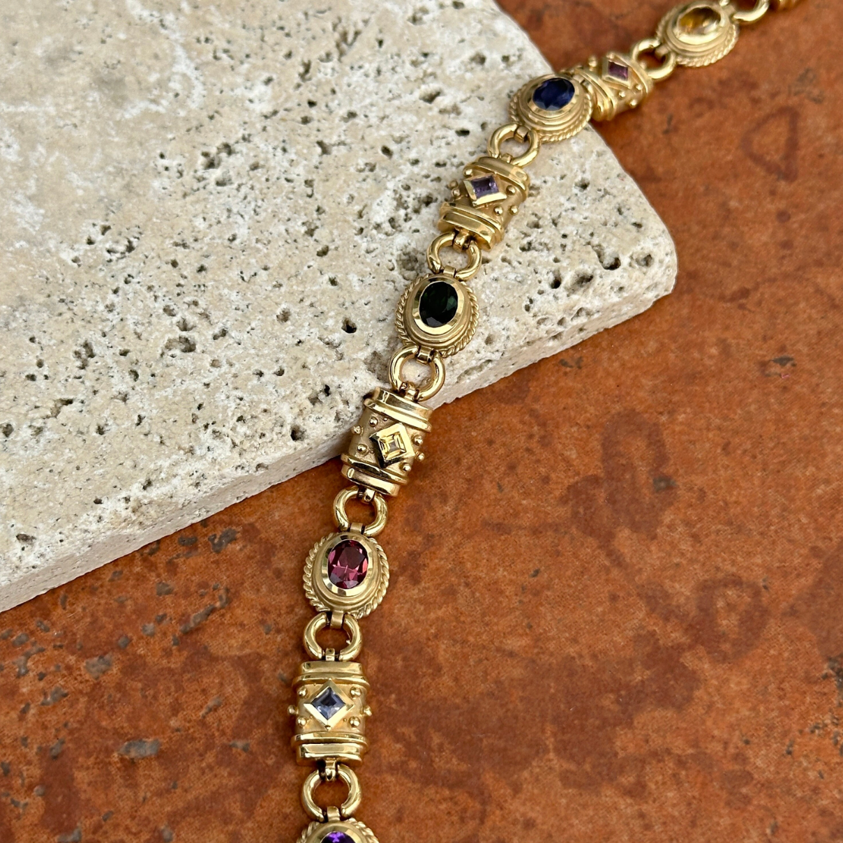 Estate 14KT Yellow Gold Byzantine Multi-Gemstone Link Bracelet