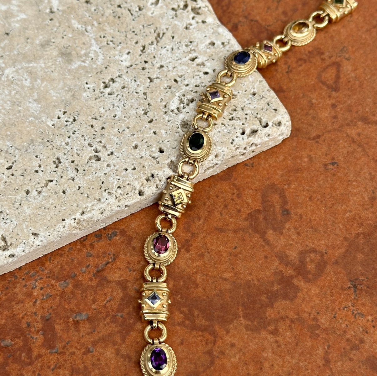 Estate 14KT Yellow Gold Byzantine Multi-Gemstone Link Bracelet