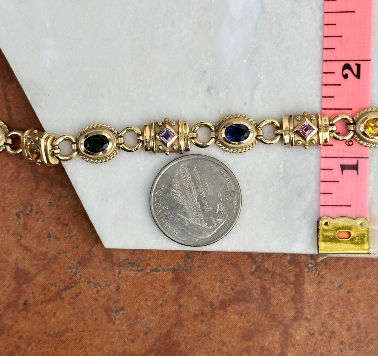 Estate 14KT Yellow Gold Byzantine Multi-Gemstone Link Bracelet