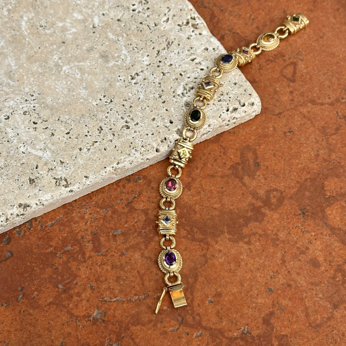 Estate 14KT Yellow Gold Byzantine Multi-Gemstone Link Bracelet