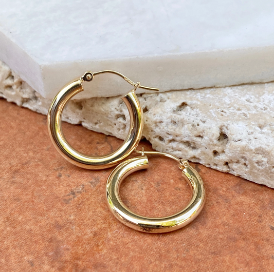 10KT Yellow Gold 3mm Tube Round Hoop Earrings 20mm