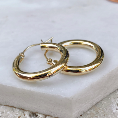 10KT Yellow Gold 3mm Tube Round Hoop Earrings 20mm