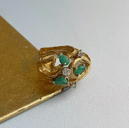 Estate 14KT Yellow Gold Pear Emerald + Diamond Cage Ring