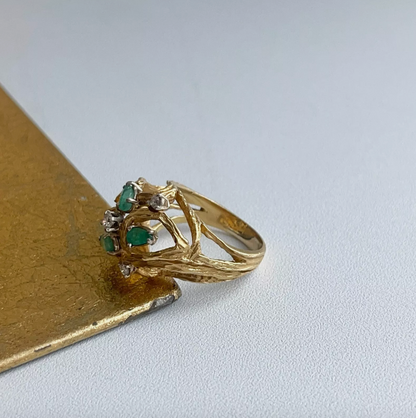 Estate 14KT Yellow Gold Pear Emerald + Diamond Cage Ring