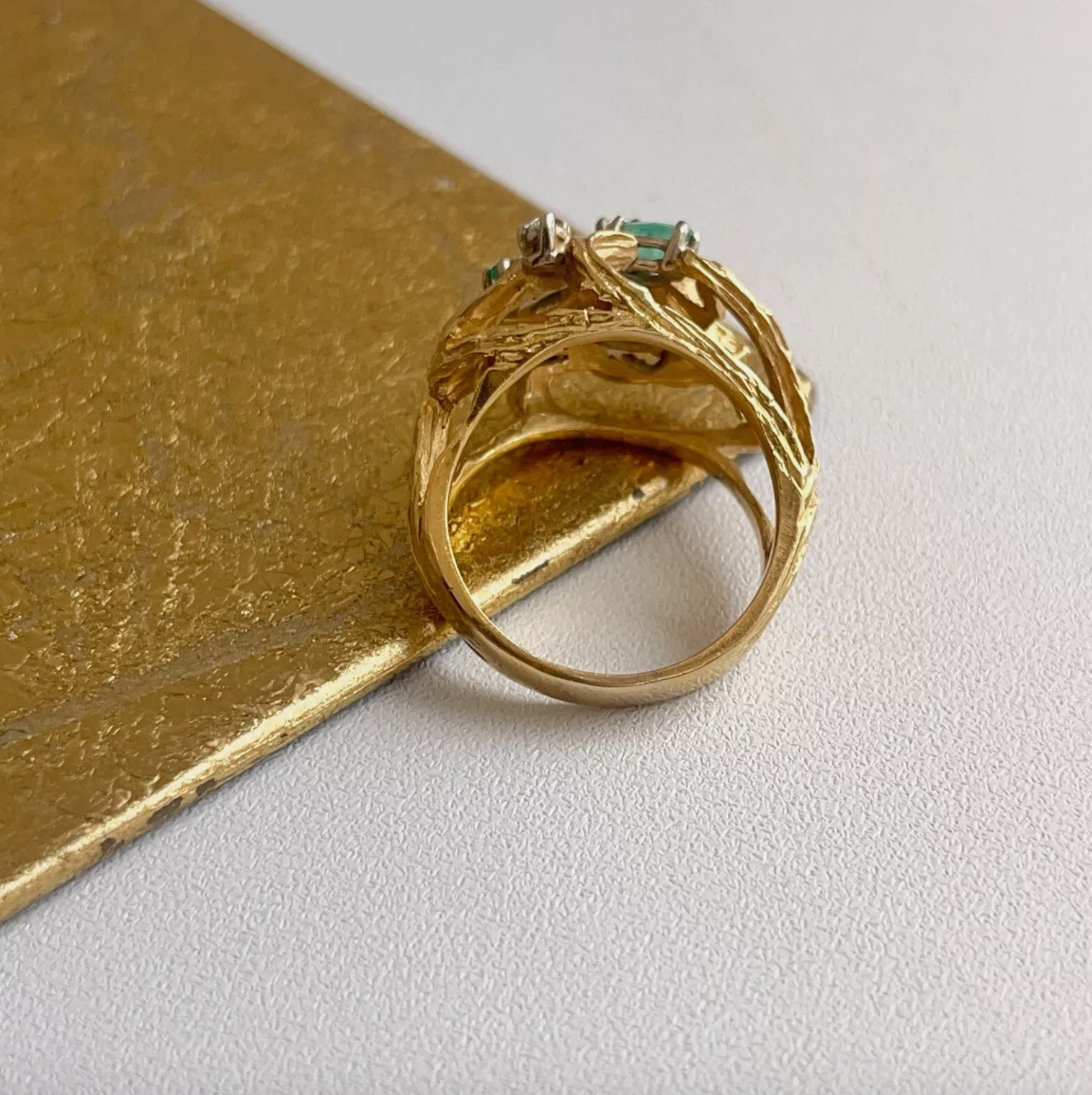 Estate 14KT Yellow Gold Pear Emerald + Diamond Cage Ring