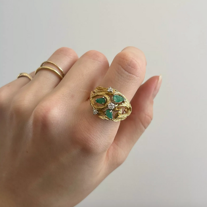 Estate 14KT Yellow Gold Pear Emerald + Diamond Cage Ring