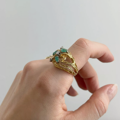 Estate 14KT Yellow Gold Pear Emerald + Diamond Cage Ring