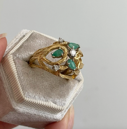 Estate 14KT Yellow Gold Pear Emerald + Diamond Cage Ring