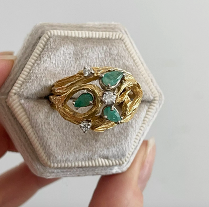 Estate 14KT Yellow Gold Pear Emerald + Diamond Cage Ring