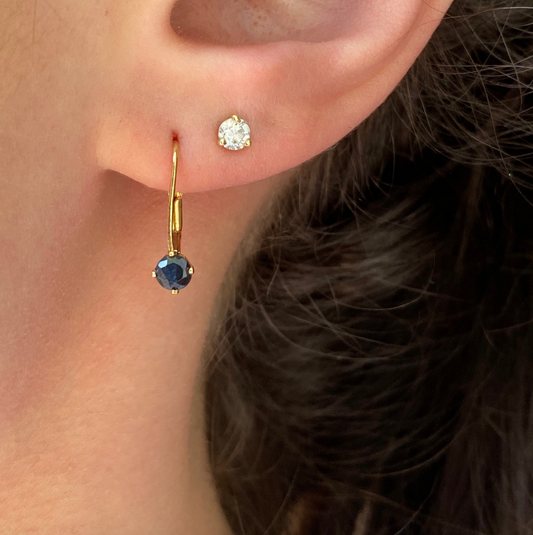 14KT Yellow Gold Round Blue Sapphire Lever Back Earrings