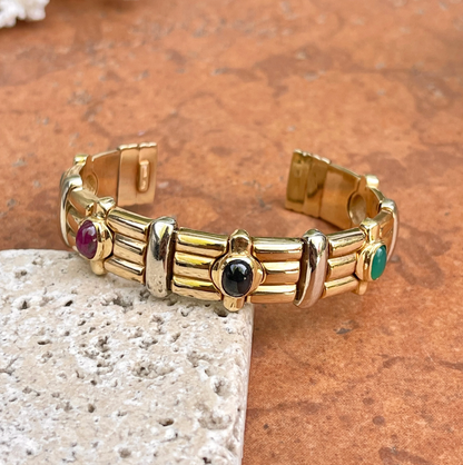 Estate 14KT Yellow Gold + White Gold Cabochon Gemstone Cuff Bracelet