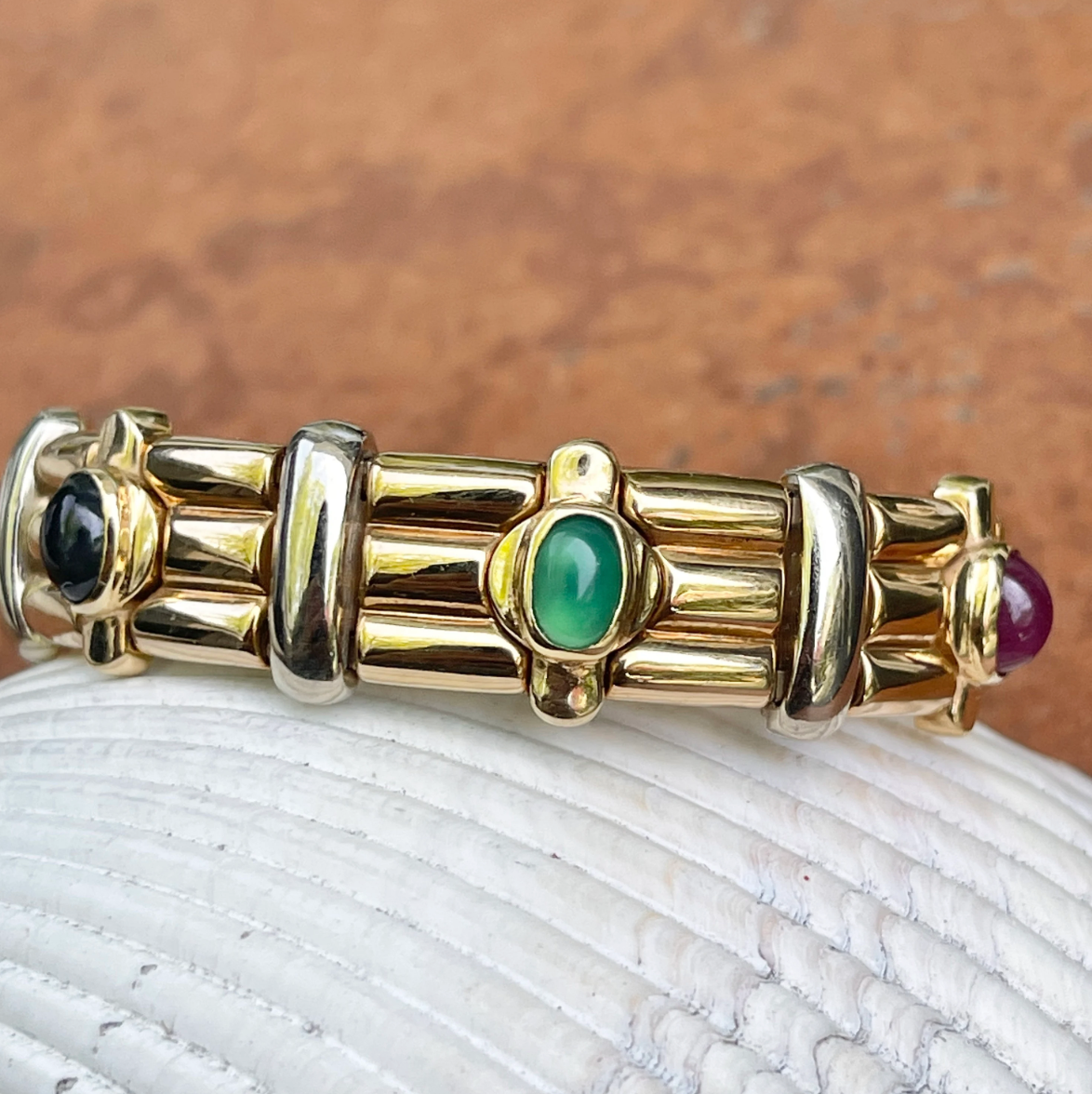 Estate 14KT Yellow Gold + White Gold Cabochon Gemstone Cuff Bracelet