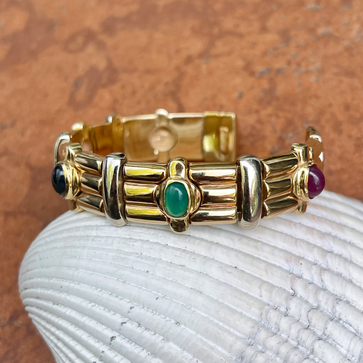 Estate 14KT Yellow Gold + White Gold Cabochon Gemstone Cuff Bracelet