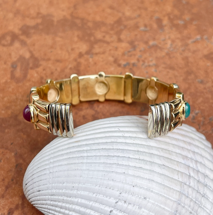 Estate 14KT Yellow Gold + White Gold Cabochon Gemstone Cuff Bracelet