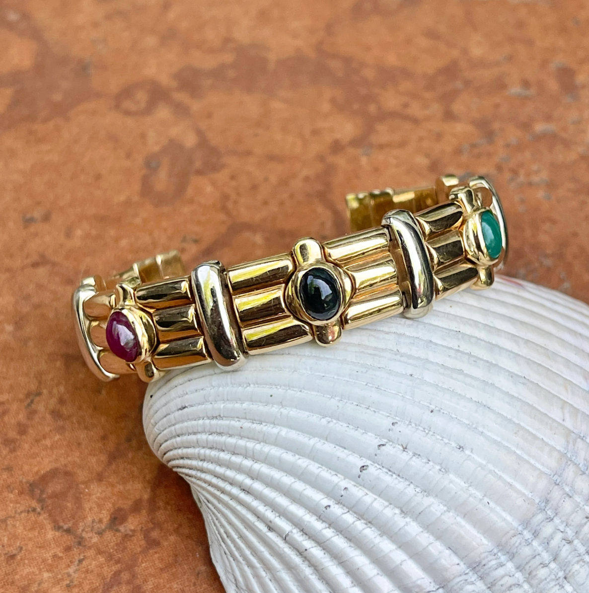 Estate 14KT Yellow Gold + White Gold Cabochon Gemstone Cuff Bracelet