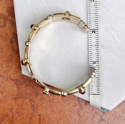 Estate 14KT Yellow Gold + White Gold Cabochon Gemstone Cuff Bracelet