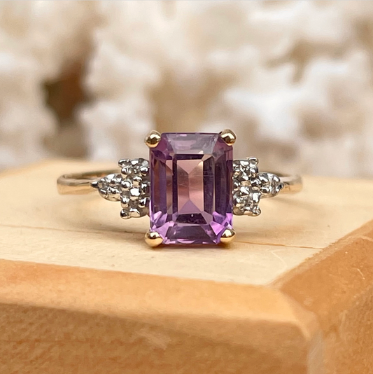 14KT Yellow Gold Emerald-Cut Purple Amethyst + Diamond Accent Ring