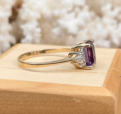 14KT Yellow Gold Emerald-Cut Purple Amethyst + Diamond Accent Ring