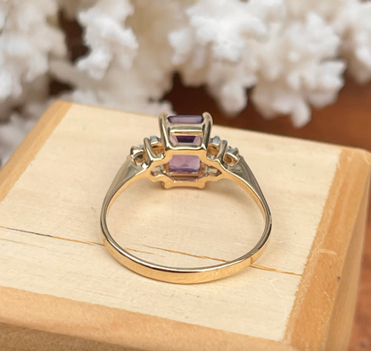 14KT Yellow Gold Emerald-Cut Purple Amethyst + Diamond Accent Ring