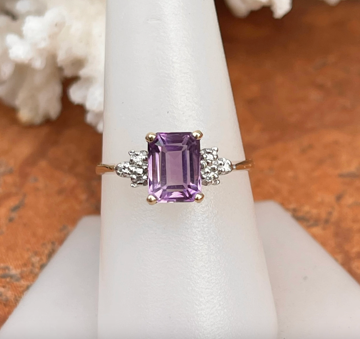 14KT Yellow Gold Emerald-Cut Purple Amethyst + Diamond Accent Ring