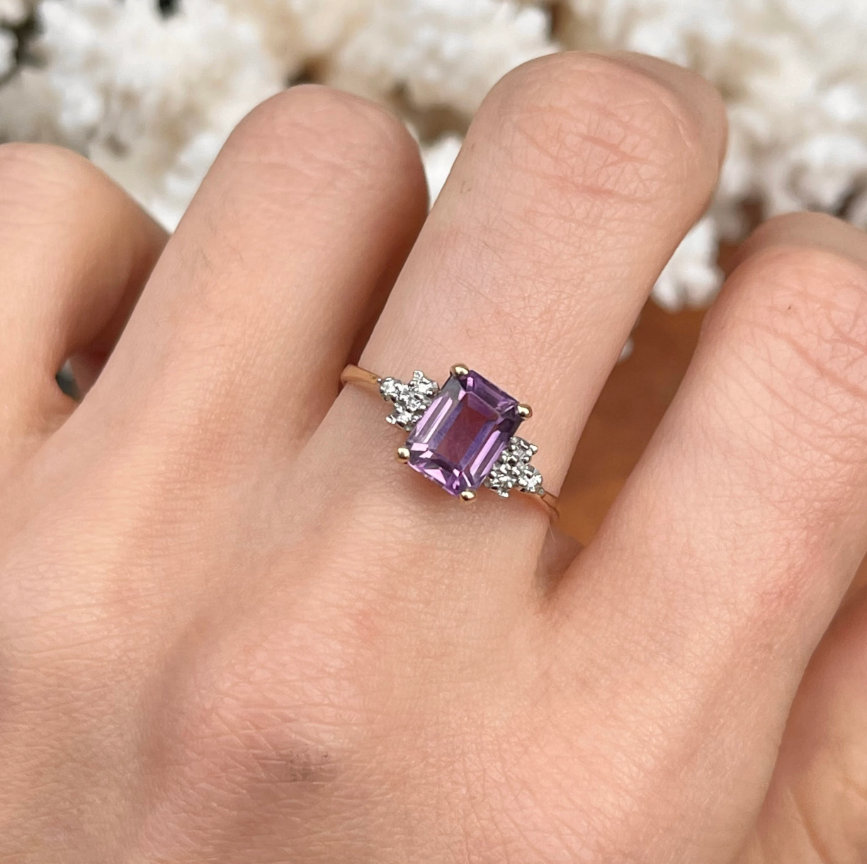 14KT Yellow Gold Emerald-Cut Purple Amethyst + Diamond Accent Ring