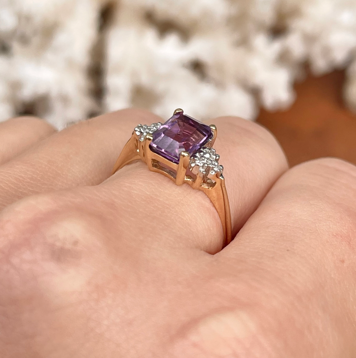 14KT Yellow Gold Emerald-Cut Purple Amethyst + Diamond Accent Ring