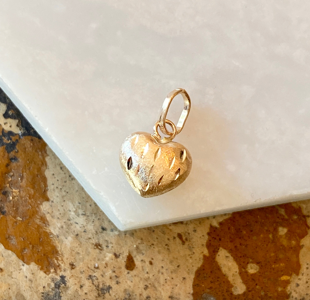 14KT Yellow Gold Matte Reversible 3D Heart Pendant Charm