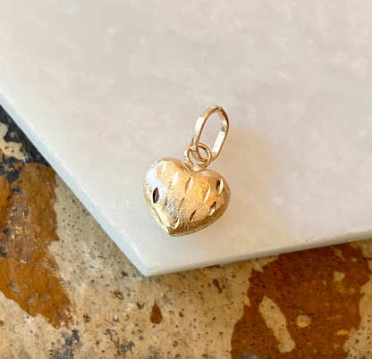 14KT Yellow Gold Matte Reversible 3D Heart Pendant Charm