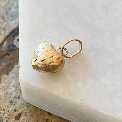 14KT Yellow Gold Matte Reversible 3D Heart Pendant Charm