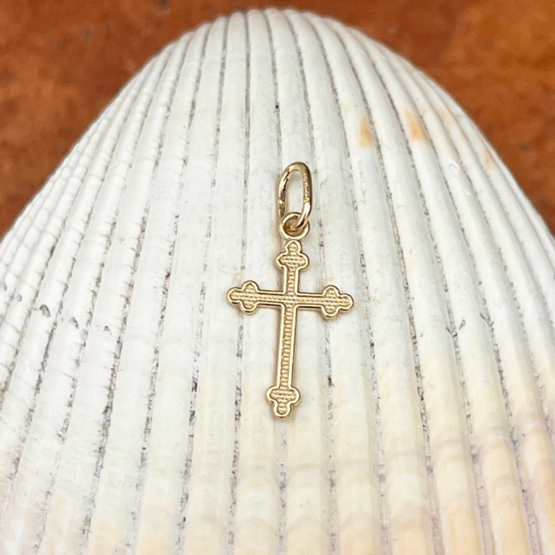 14KT Yellow Gold Budded Mini Cross Pendant Charm