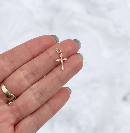 14KT Yellow Gold Budded Mini Cross Pendant Charm